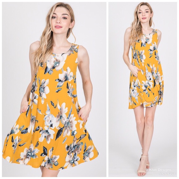 Dresses & Skirts - ❤️LAST 1! Mustard Floral Pocket Swing Dress!